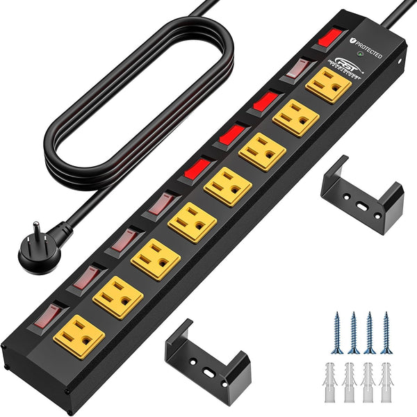 CRST 8-Outlet Wide Metal Surge Protector Power Strip - Individual Switches, 1200J, Wall Mount, 6ft Cord
